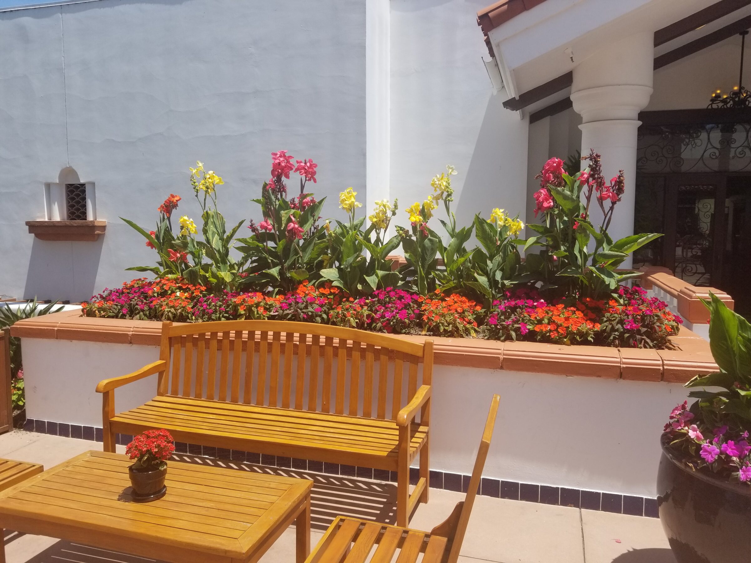 A courtyard with colorful flowers, wooden benches, and a table under a sunny sky, adjacent to a white building with a column.
