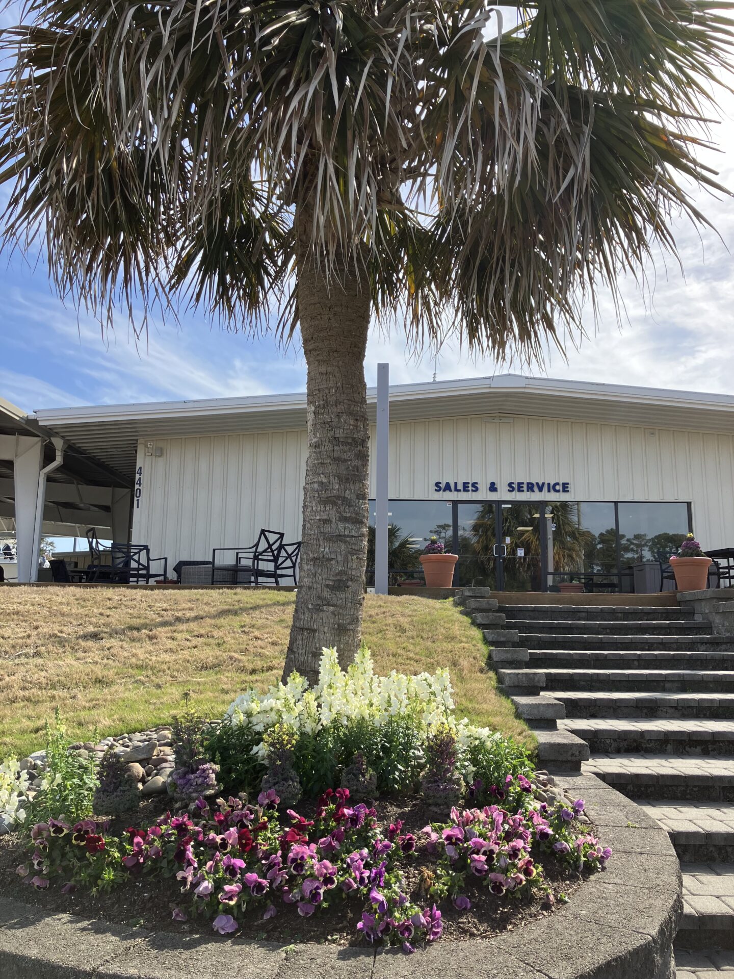 A palm tree stands beside vibrant flowers in front of a "Sales & Service" building with patio furniture and steps leading up.