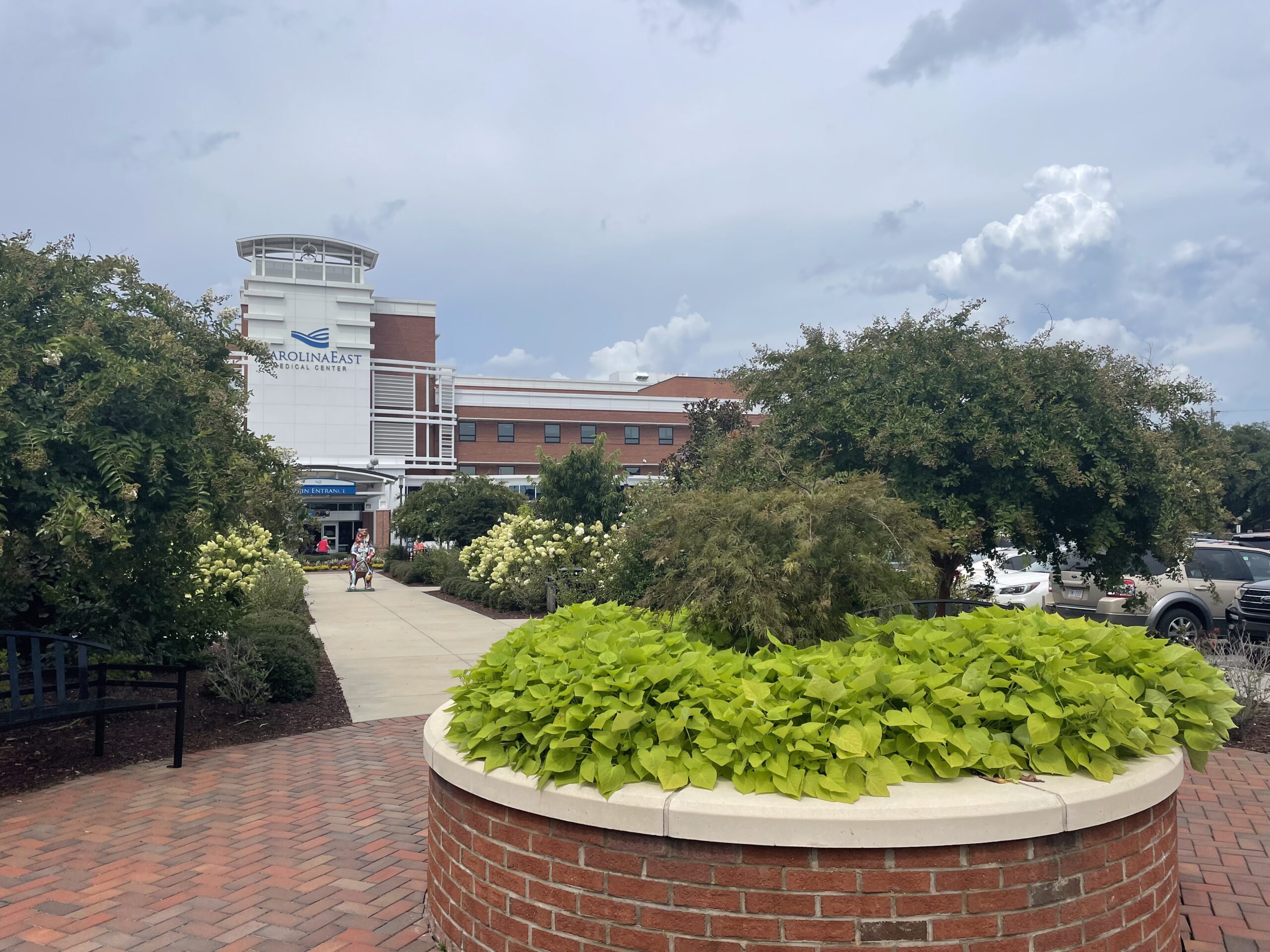 A hospital entrance, CarolinaEast Medical Center, surrounded by lush greenery with parked cars. A person walks on the pathway under a cloudy sky.