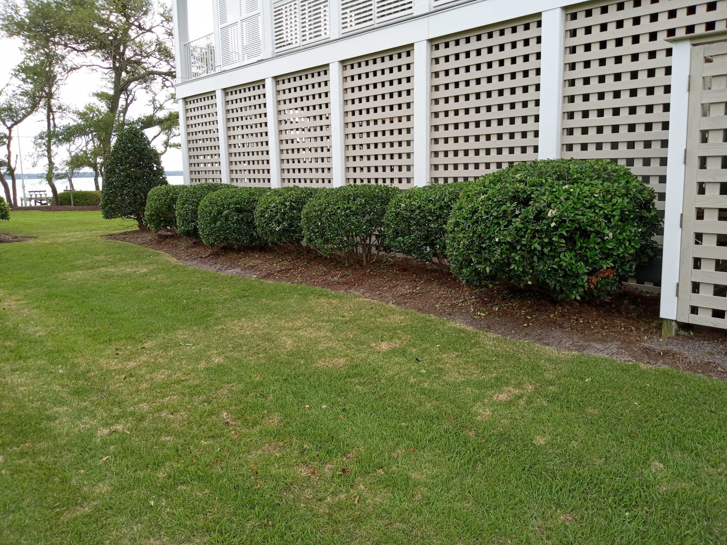 Manicured hedges line a building with latticework walls beside a grassy lawn. Trees and a lake in the background.
