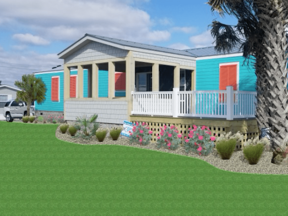 A vibrant blue house with coral shutters, surrounded by palm trees and flowers, sits in a grassy yard under a partly cloudy sky.