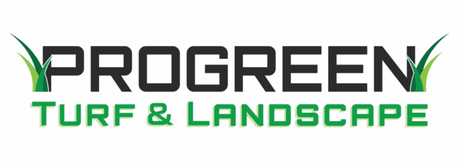 Text logo featuring "PROGREEN TURF & LANDSCAPE" with stylized grass elements, in bold black and green lettering against a solid green background.
