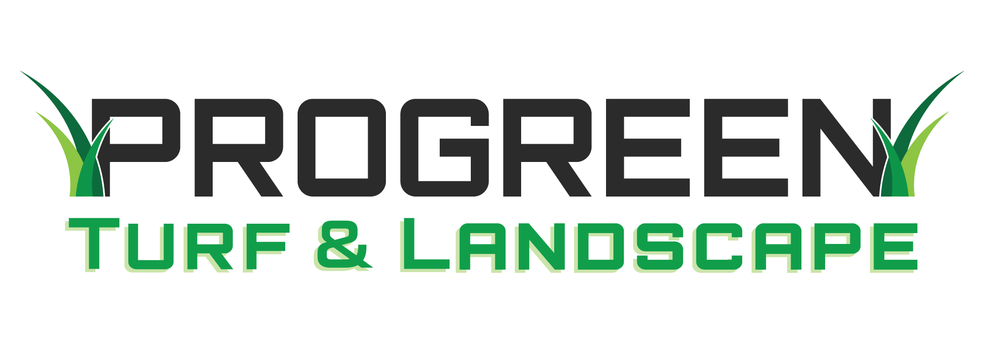 Text logo featuring "PROGREEN TURF & LANDSCAPE" with stylized grass elements, in bold black and green lettering against a solid green background.