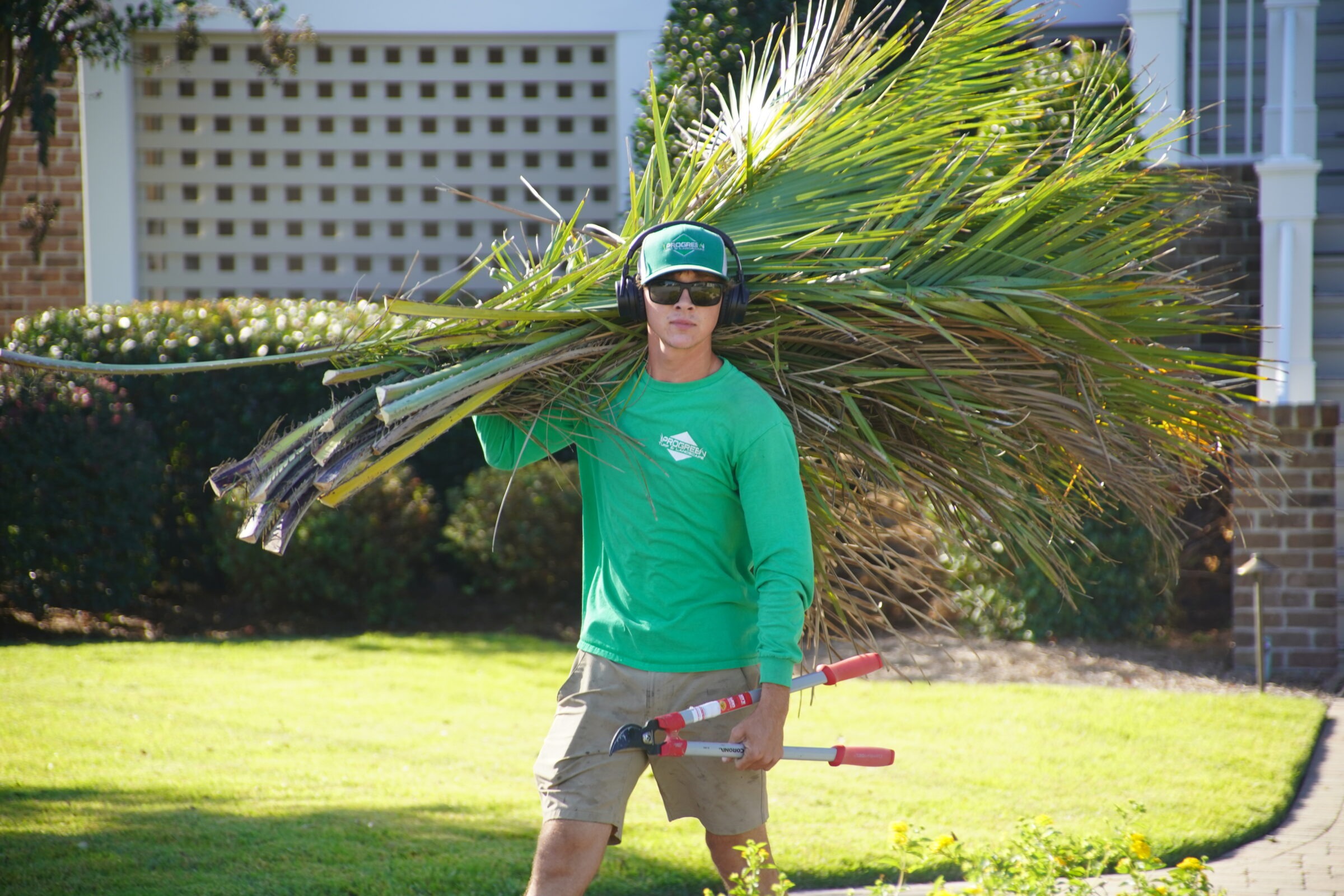 A person in green clothing carries palm fronds and pruning shears in a garden setting, with a brick building partly visible in the background.
