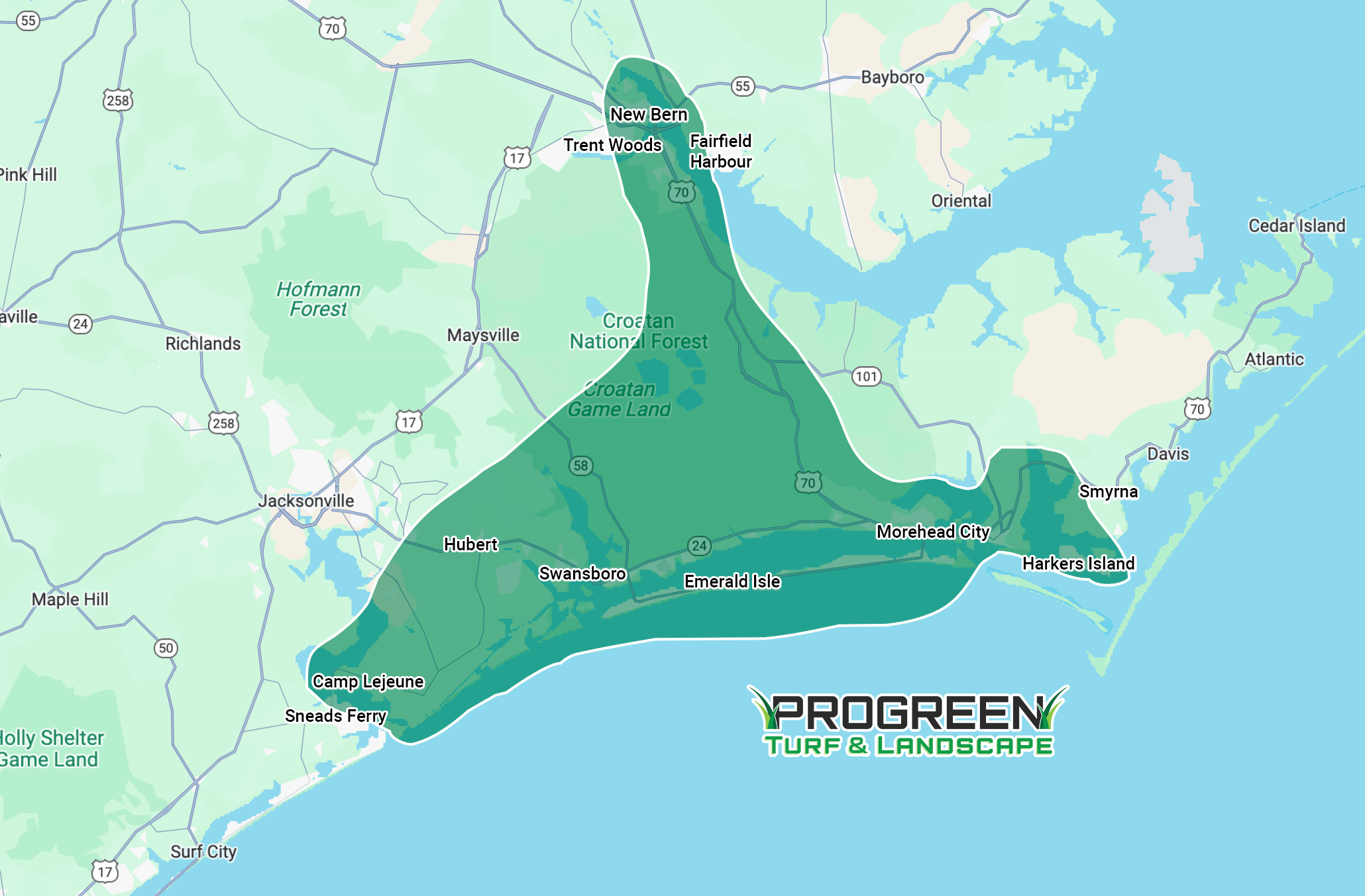 Map highlighting Progreen Turf & Landscape service area in North Carolina, including New Bern, Jacksonville, and Croatan National Forest region. Locations labeled clearly.