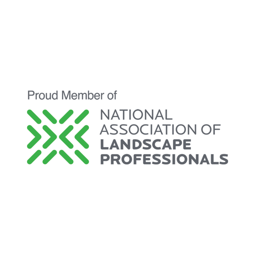 Logo of the National Association of Landscape Professionals with green and gray text and design. "Proud Member" is written above.