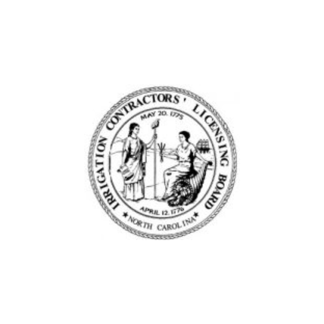 The image shows the seal of the Irrigation Contractors' Licensing Board in North Carolina, featuring two persons, historical dates, and formal inscriptions.