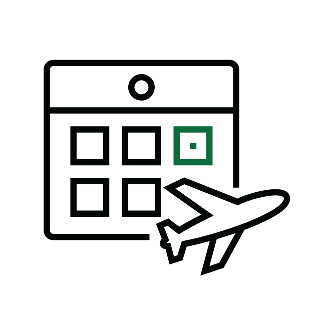 Abstract icon illustrating a calendar with an airplane, symbolizing travel plans or scheduling flights, emphasizing organized trips and travel arrangements.