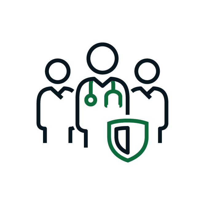Three outlined figures, one with a stethoscope, symbolize healthcare professionals. A green shield represents protection, emphasizing safety and teamwork in medical services.