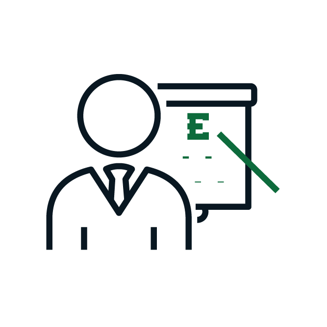 A person icon wearing a tie stands beside a presentation board with an eye chart, suggesting an eye exam setting.