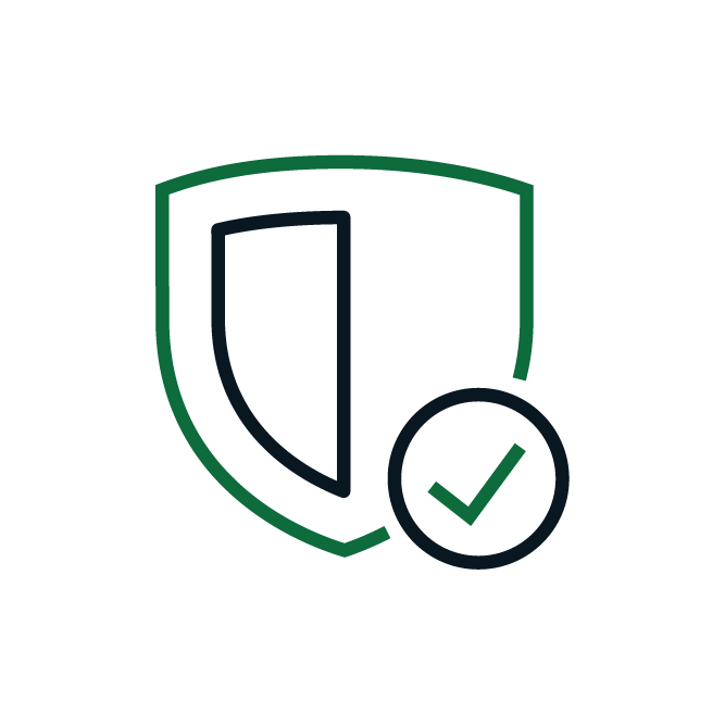 A minimalist shield icon with a checkmark symbolizing security and protection, using green and black lines on a plain white background.