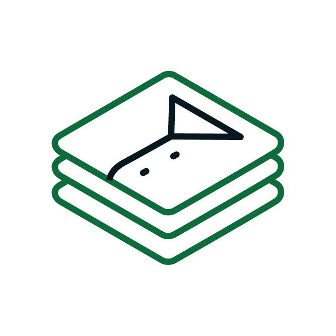 A simple line icon depicting a stack of papers with a triangular paper airplane on top. Minimalist design, green and black outline.