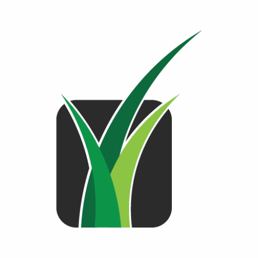 The image features a stylized logo with two green grass blades against a black background, representing nature or landscaping themes. No landmarks present.