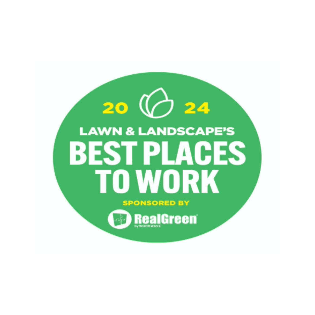 Green circular logo featuring "Lawn & Landscape's Best Places to Work 2024," sponsored by Real Green. Includes a leaf design.