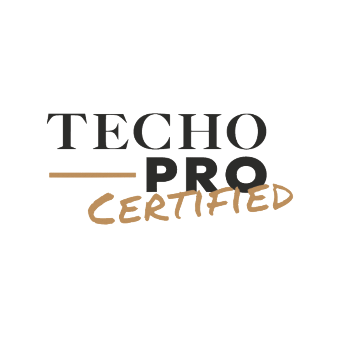A logo with the text "TECHO PRO CERTIFIED" in bold, black, and brown letters on a clean, white background.